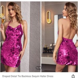 Backless Sequin Halter Dress Pink